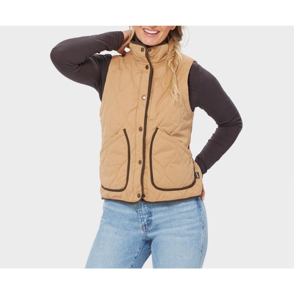 Duluth Vest Women XL Tan Dawn Quilted Sutters Mill Utility Workwear Vest